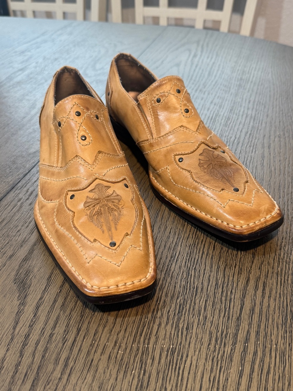 Mark Nason Tan Western Slip-On Boots with Embossed Palm Motif